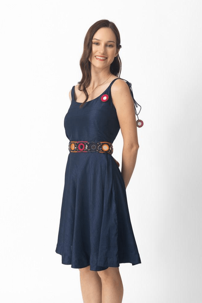 Raas - Nina Blue Short Dress with Embroidered Belt - dresses USA