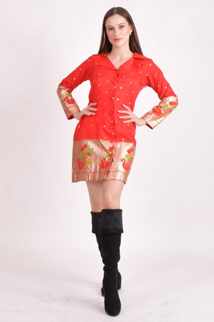 Red Jacquard Butti Silk Mini Blazer Dress RAAS
