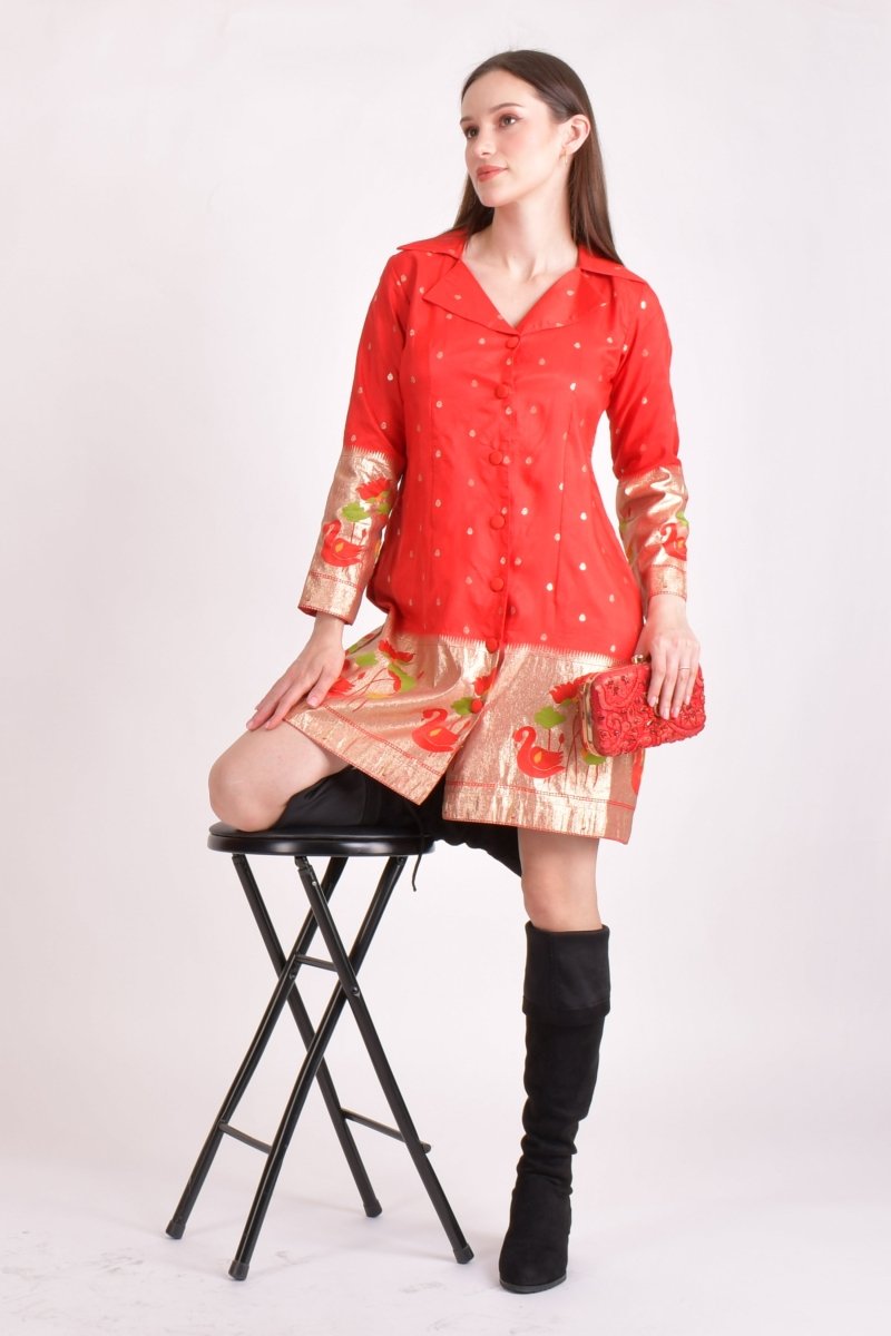 Red Jacquard Butti Silk Mini Blazer Dress RAAS