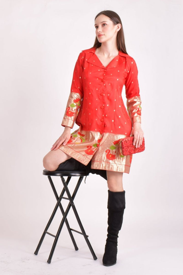 Red Jacquard Butti Silk Mini Blazer Dress RAAS