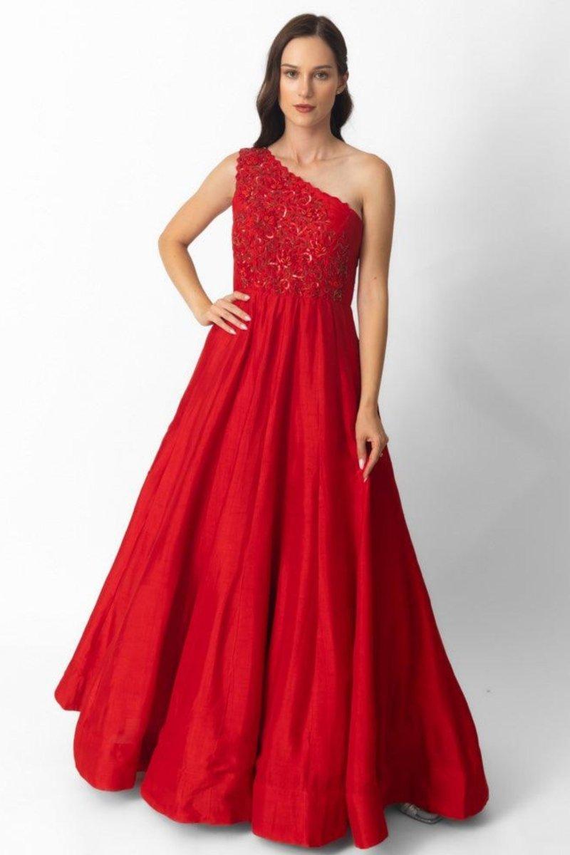Raw Silk Red One Shoulder Gown ANARKALI & GOWN RAAS