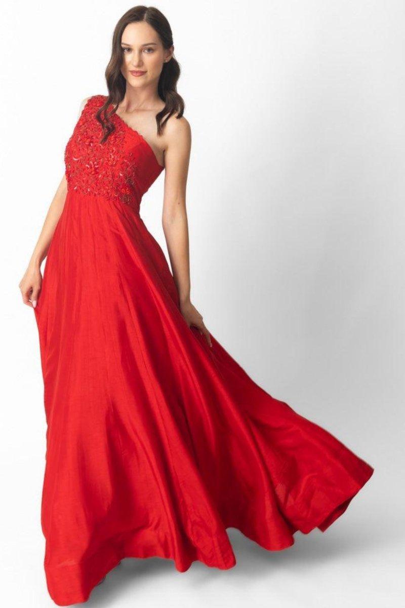 Raw Silk Red One Shoulder Gown ANARKALI & GOWN RAAS