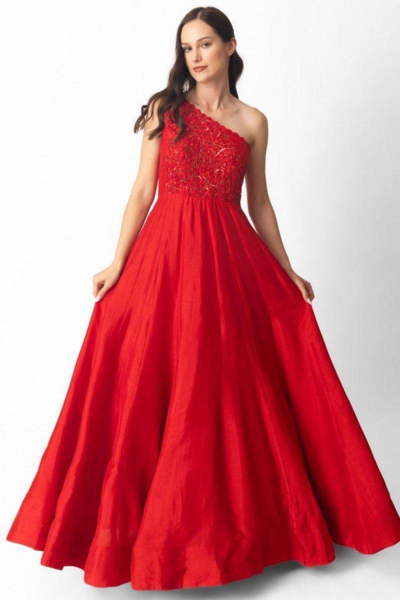 Raw Silk Red One Shoulder Gown ANARKALI & GOWN RAAS