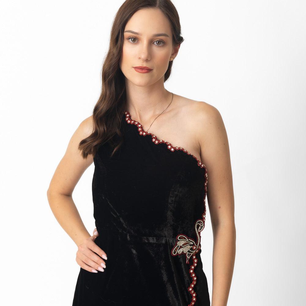 Regina Black Mini Dress with Hand Embroidery - Raas