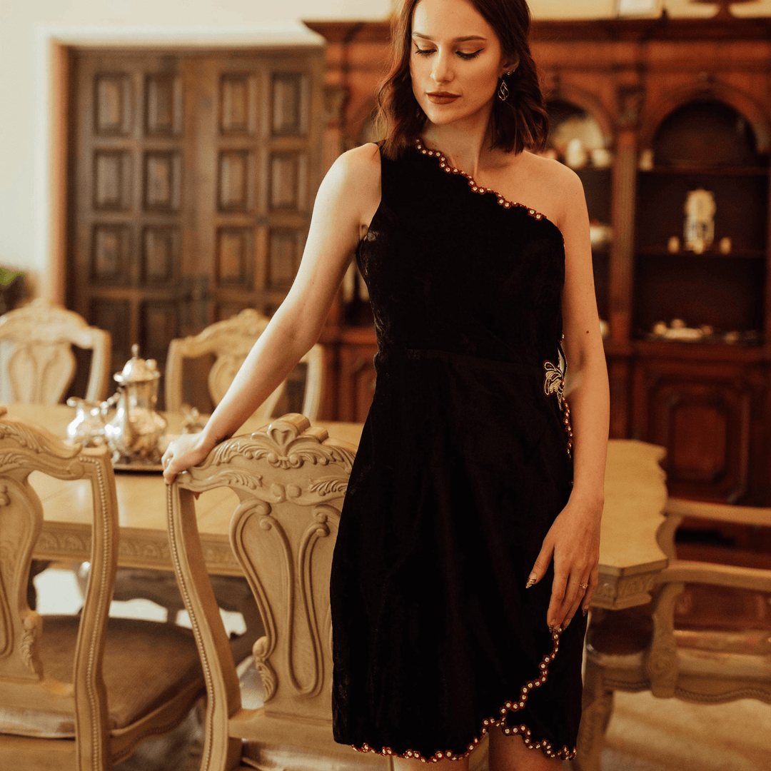 Regina Black Mini Dress with Hand Embroidery - Raas