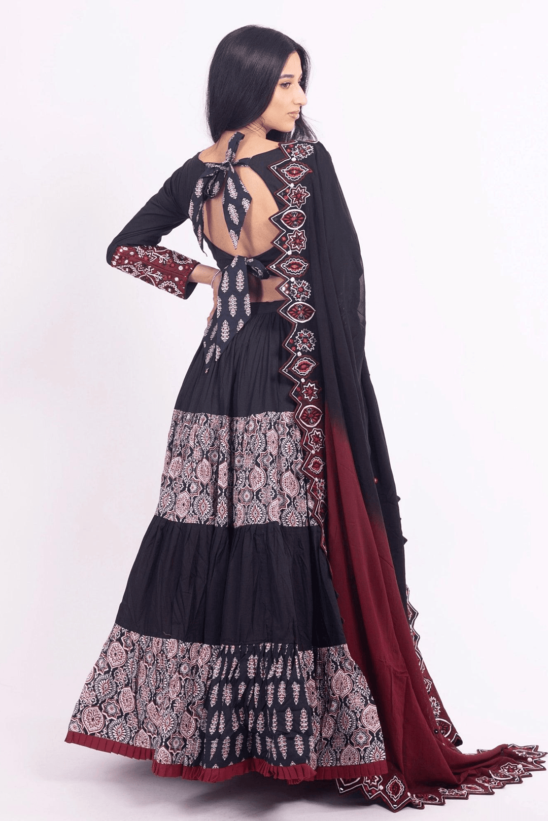 Riza Black and Red Flared Tiered Lehenga Choli Set - Raas