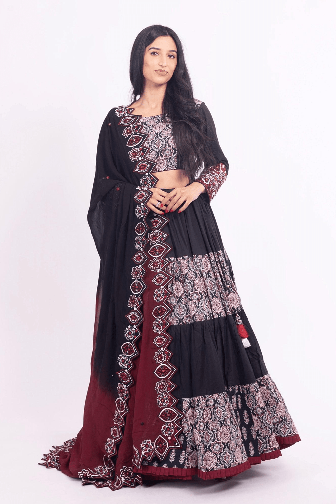 Riza Black and Red Flared Tiered Lehenga Choli Set - Raas
