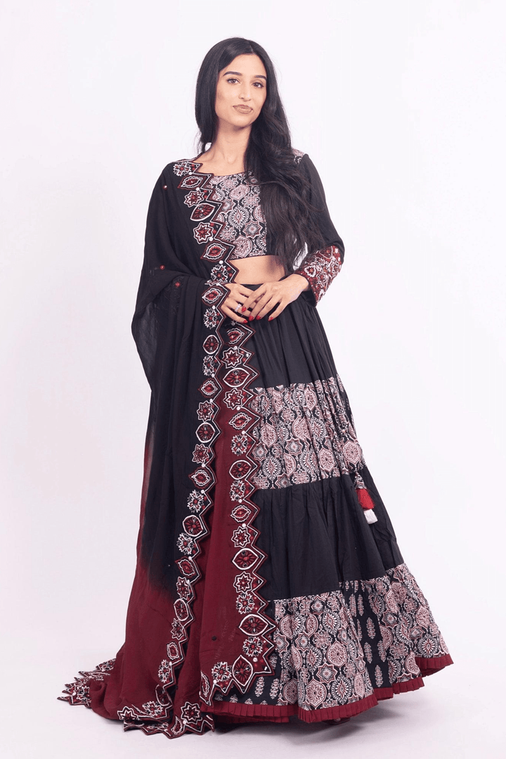 Riza Black and Red Flared Tiered Lehenga Choli Set - Raas