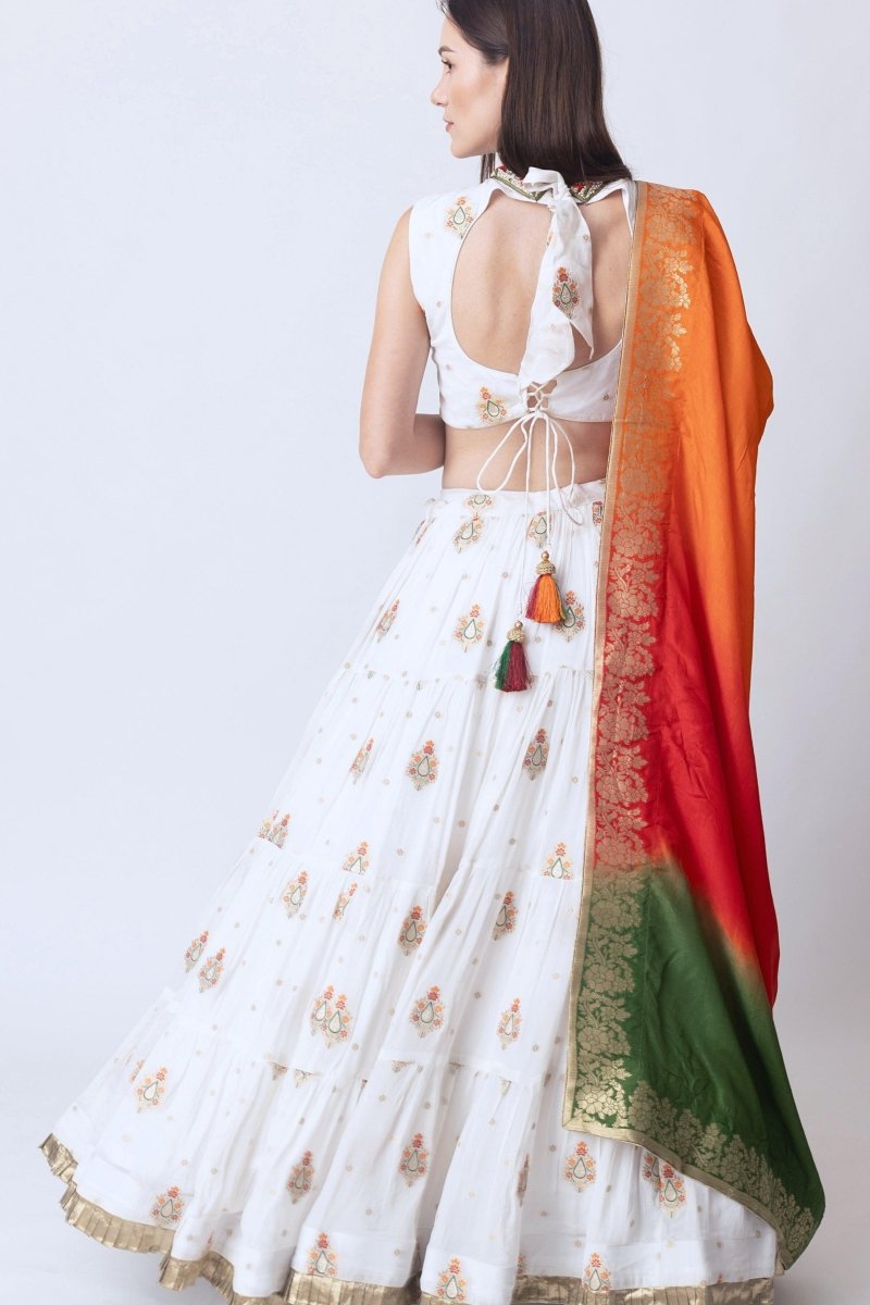 Rose White Lehenga with Embroidered High Neck Choli and Multi Color Dupatta Chaniya choli RAAS