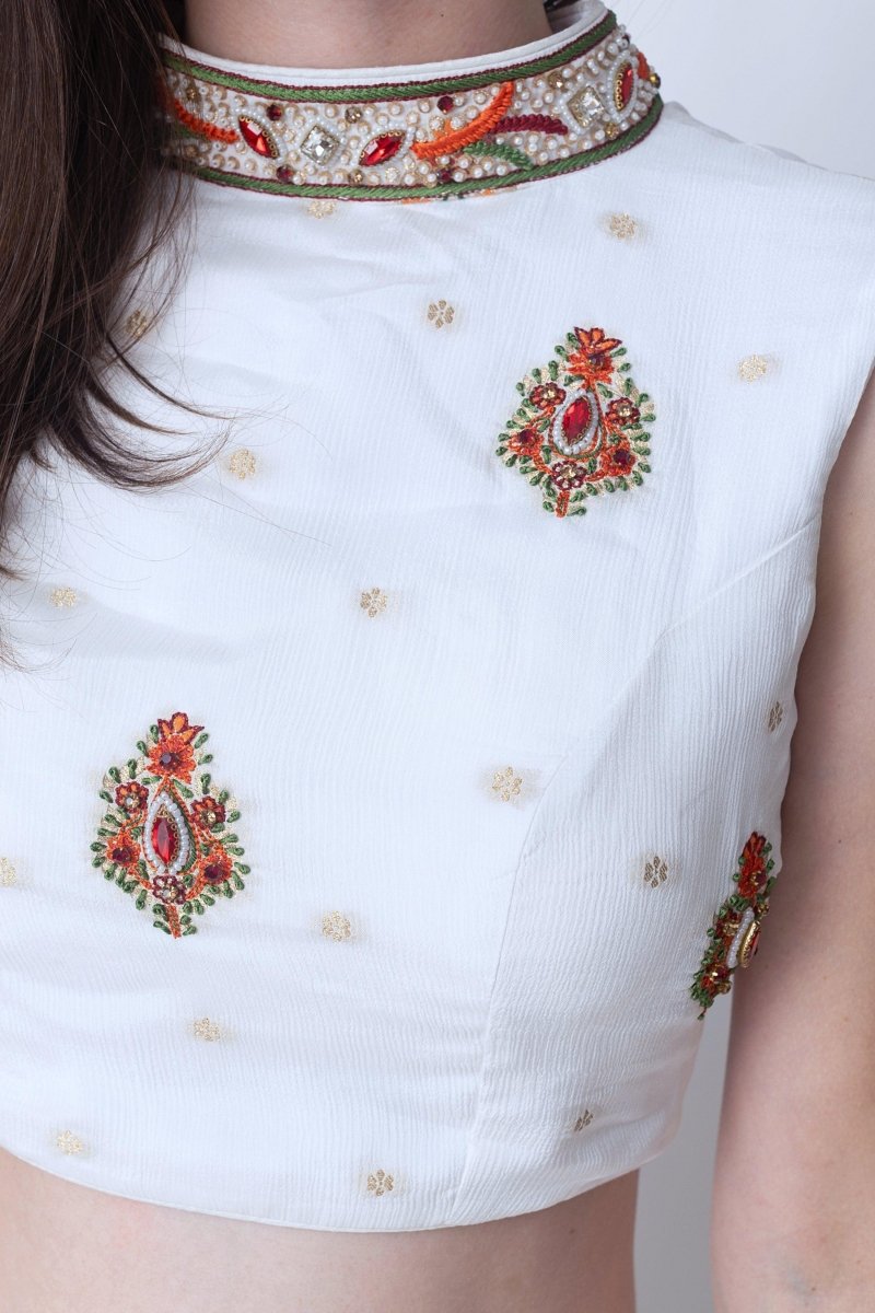 Rose White Lehenga with Embroidered High Neck Choli and Multi Color Dupatta Chaniya choli RAAS