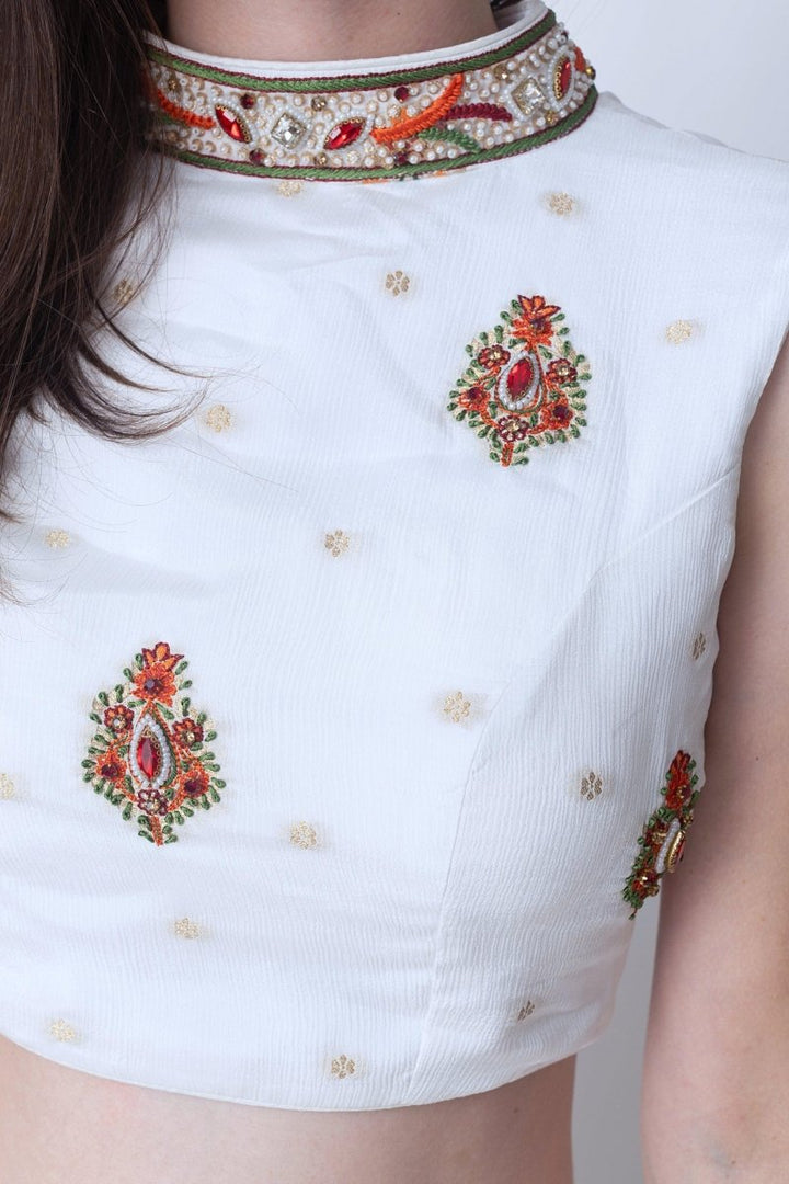 Rose White Lehenga with Embroidered High Neck Choli and Multi Color Dupatta Chaniya choli RAAS