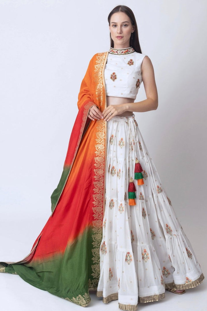 Rose White Lehenga with Embroidered High Neck Choli and Multi Color Dupatta Chaniya choli RAAS