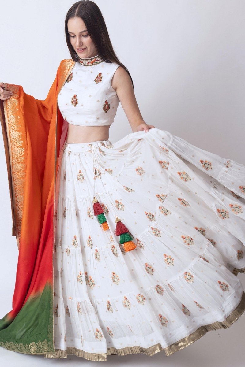 Rose White Lehenga with Embroidered High Neck Choli and Multi Color Dupatta Chaniya choli RAAS