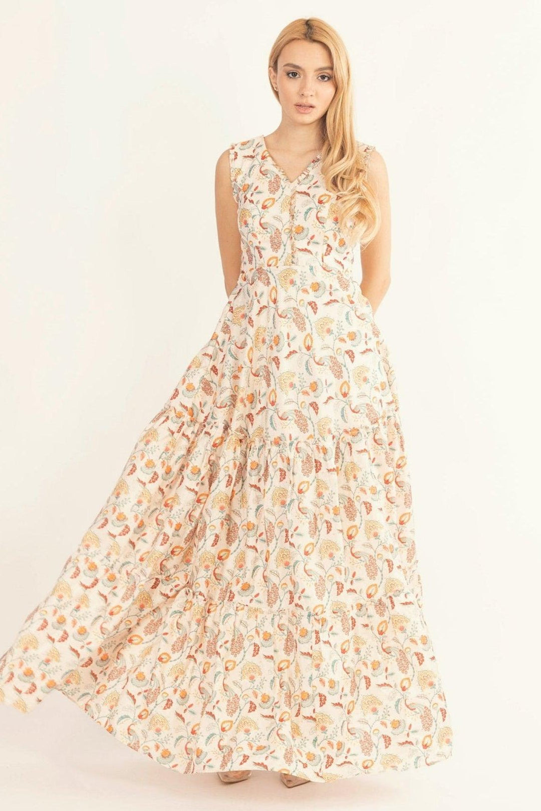 Sage Off-White Long Dress with All-Over Kalankari Print - Raas