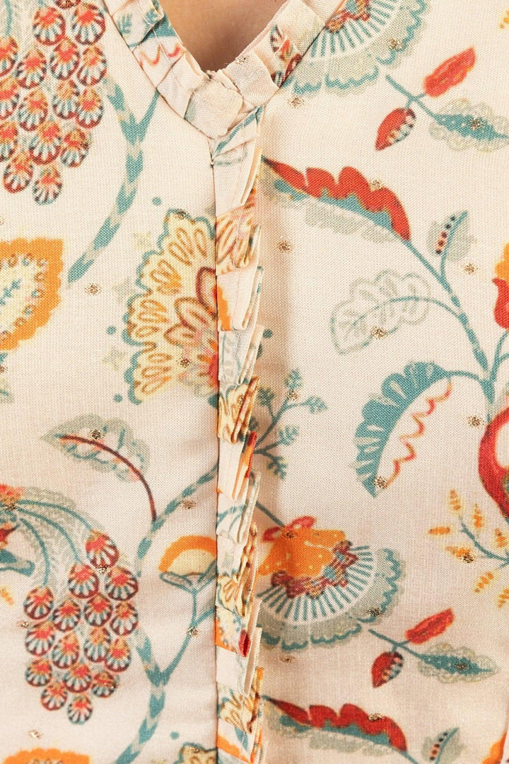 Sage Off-White Long Dress with All-Over Kalankari Print - Raas