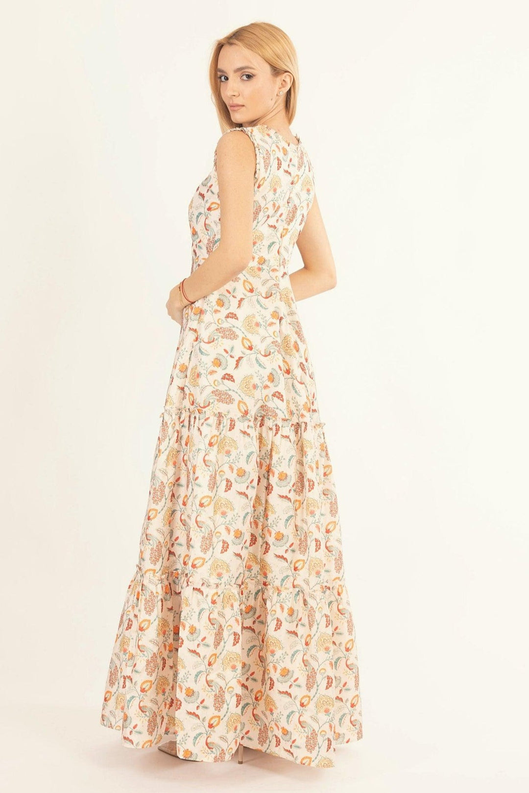 Sage Off-White Long Dress with All-Over Kalankari Print - Raas