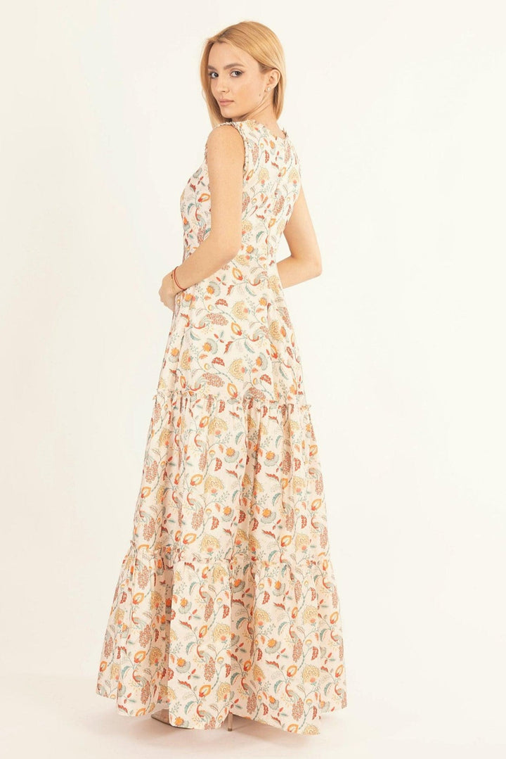 Sage Off-White Long Dress with All-Over Kalankari Print - Raas