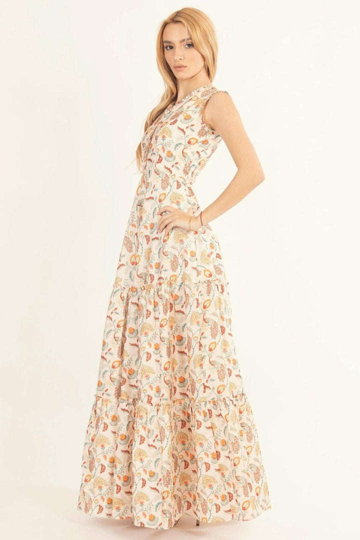 Sage Off-White Long Dress with All-Over Kalankari Print - Raas