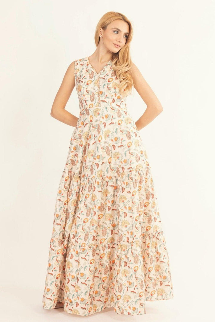 Sage Off-White Long Dress with All-Over Kalankari Print - Raas