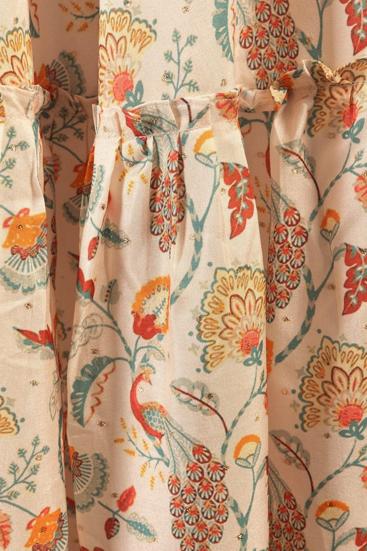 Sage Off-White Long Dress with All-Over Kalankari Print - Raas