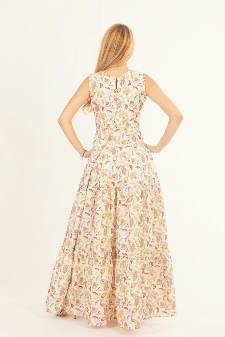Sage Off-White Long Dress with All-Over Kalankari Print - Raas