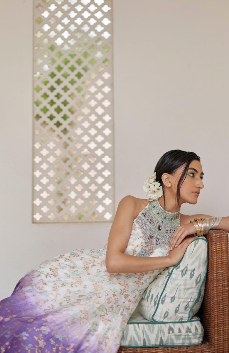 Shaded Banarasi Jacquard Dress with Hand Embroidered Torso ANARKALI & GOWN RAAS