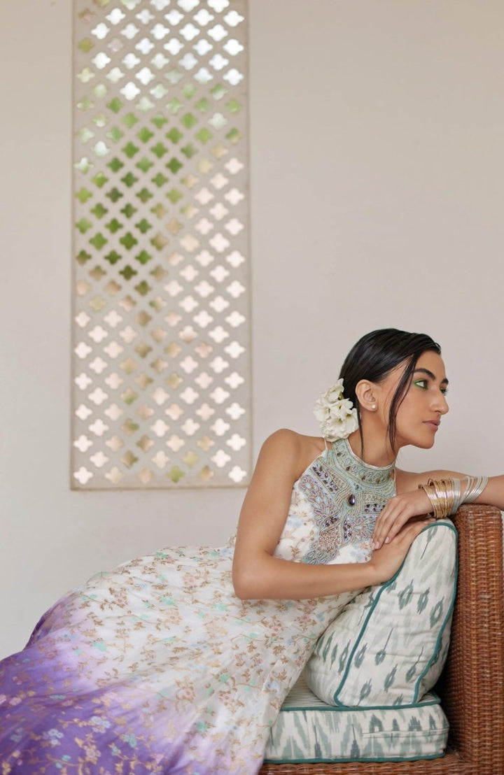 Shaded Banarasi Jacquard Dress with Hand Embroidered Torso ANARKALI & GOWN RAAS