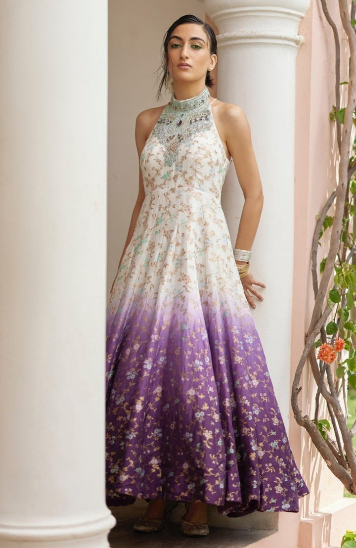 Shaded Banarasi Jacquard Dress with Hand Embroidered Torso ANARKALI & GOWN RAAS
