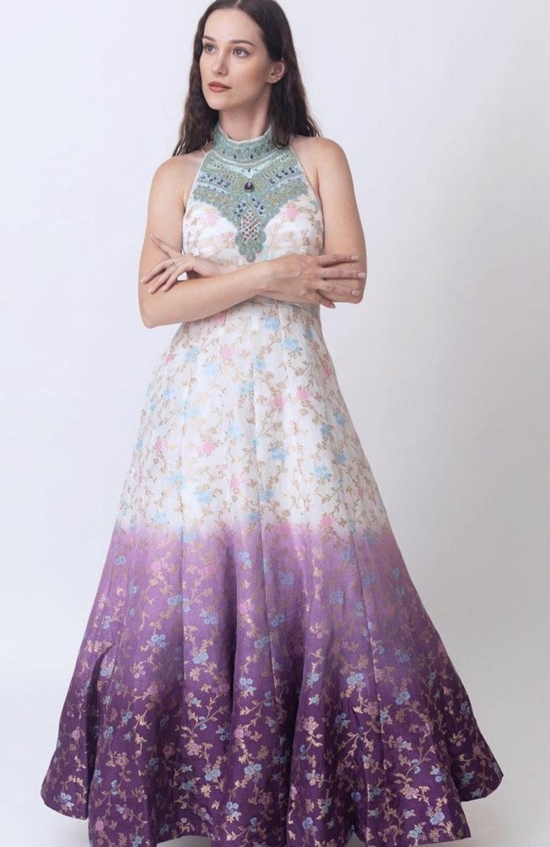 Shaded Banarasi Jacquard Dress with Hand Embroidered Torso ANARKALI & GOWN RAAS