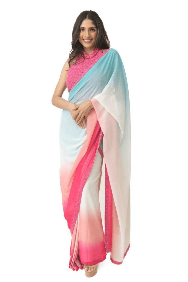 Shaded Silk Pre-Draped Saree with Hand Embroidered Blouse - Raas