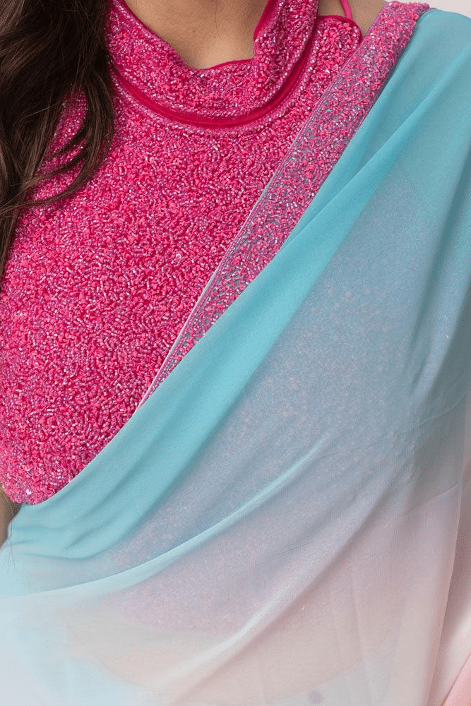 Shaded Silk Pre-Draped Saree with Hand Embroidered Blouse - Raas
