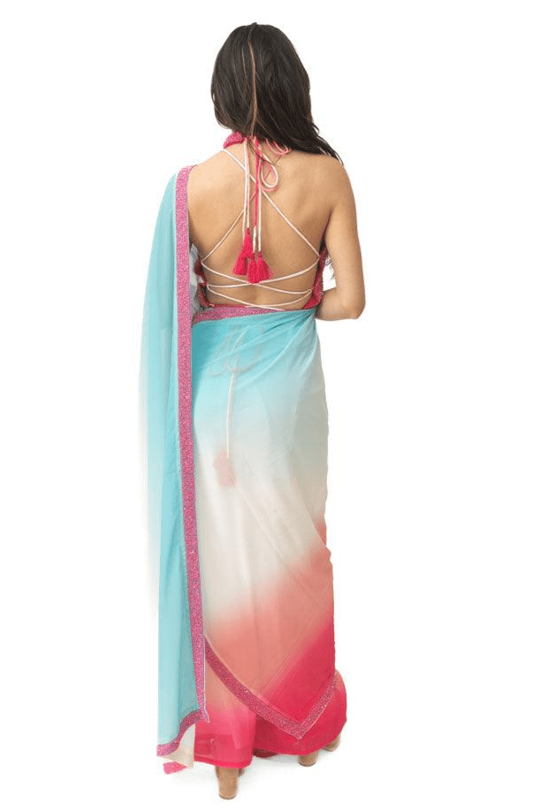 Shaded Silk Pre-Draped Saree with Hand Embroidered Blouse - Raas