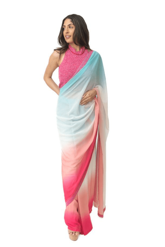 Shaded Silk Pre-Draped Saree with Hand Embroidered Blouse - Raas