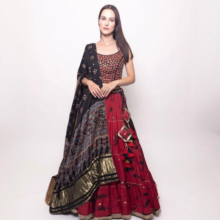 Sophia Red Tie Dye Lehenga with Gaji Silk Dupatta - Raas