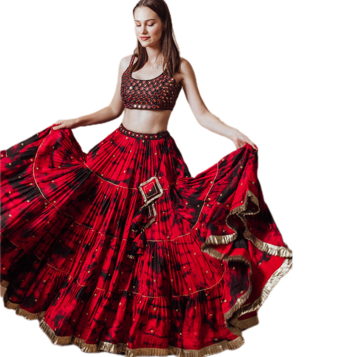 Sophia Red Tie Dye Lehenga with Gaji Silk Dupatta - Raas