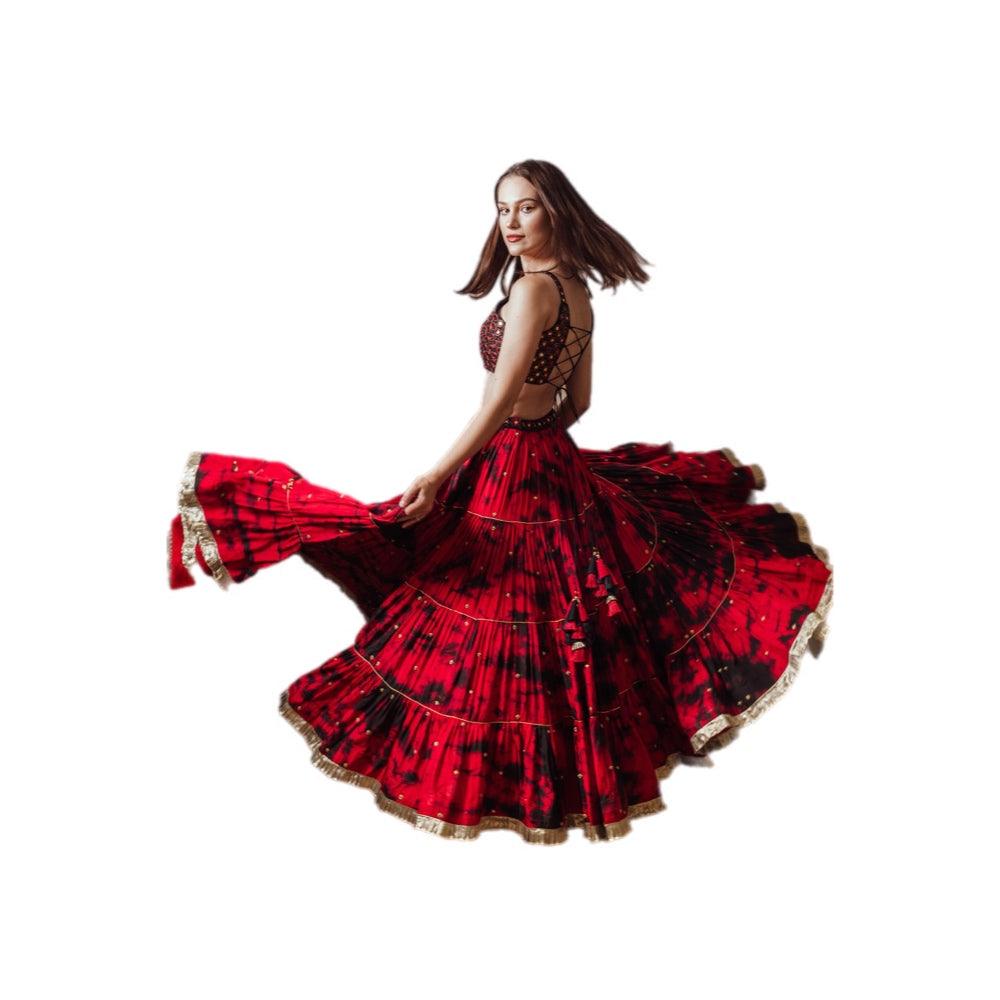 Sophia Red Tie Dye Lehenga with Gaji Silk Dupatta - Raas