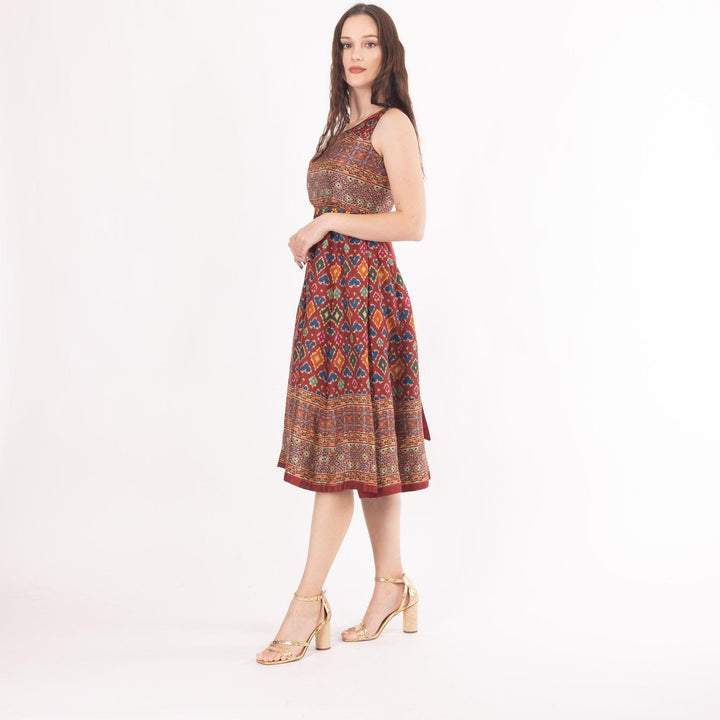 Sorrel Maroon Midi Dress with Embroidered Belt - Raas
