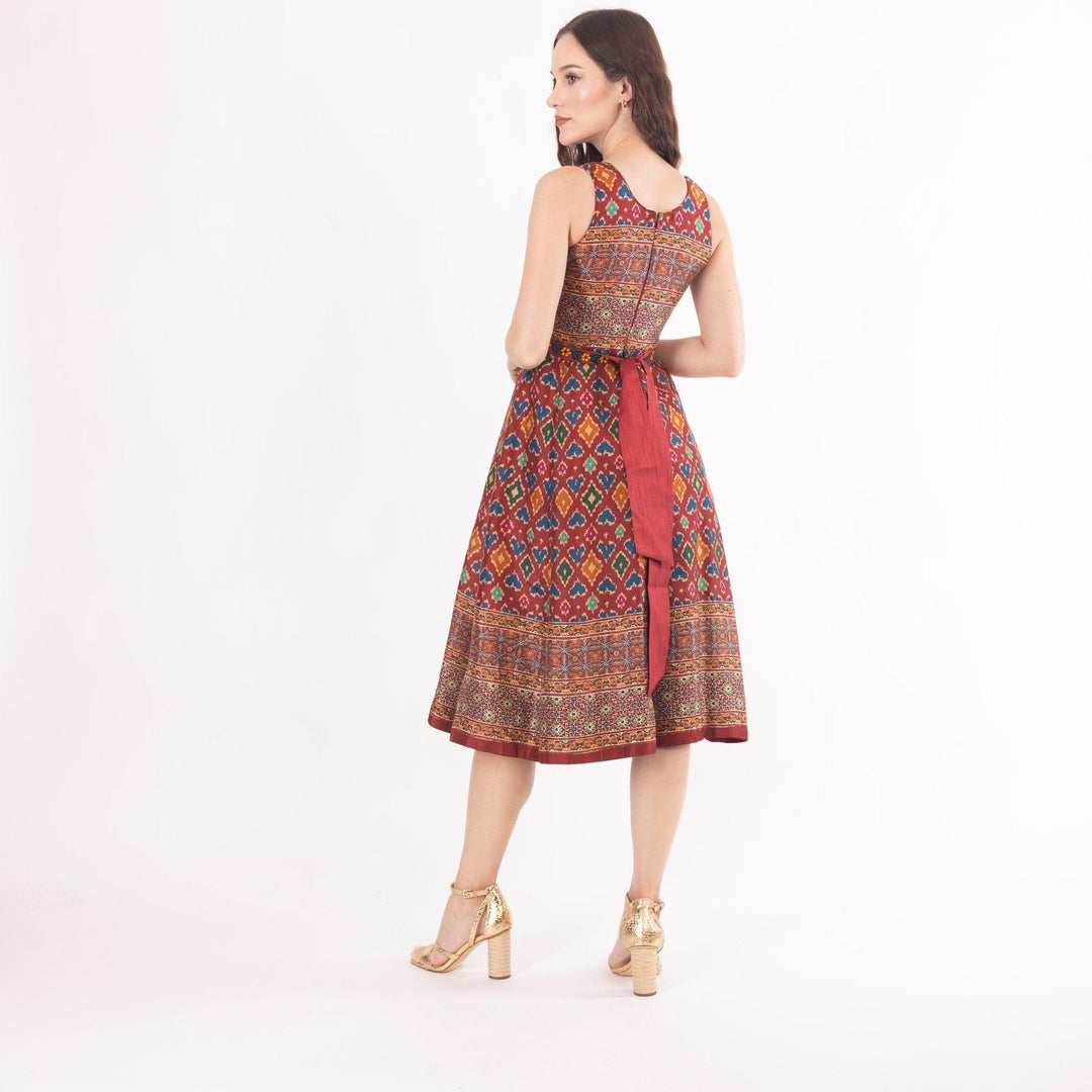Sorrel Maroon Midi Dress with Embroidered Belt - Raas