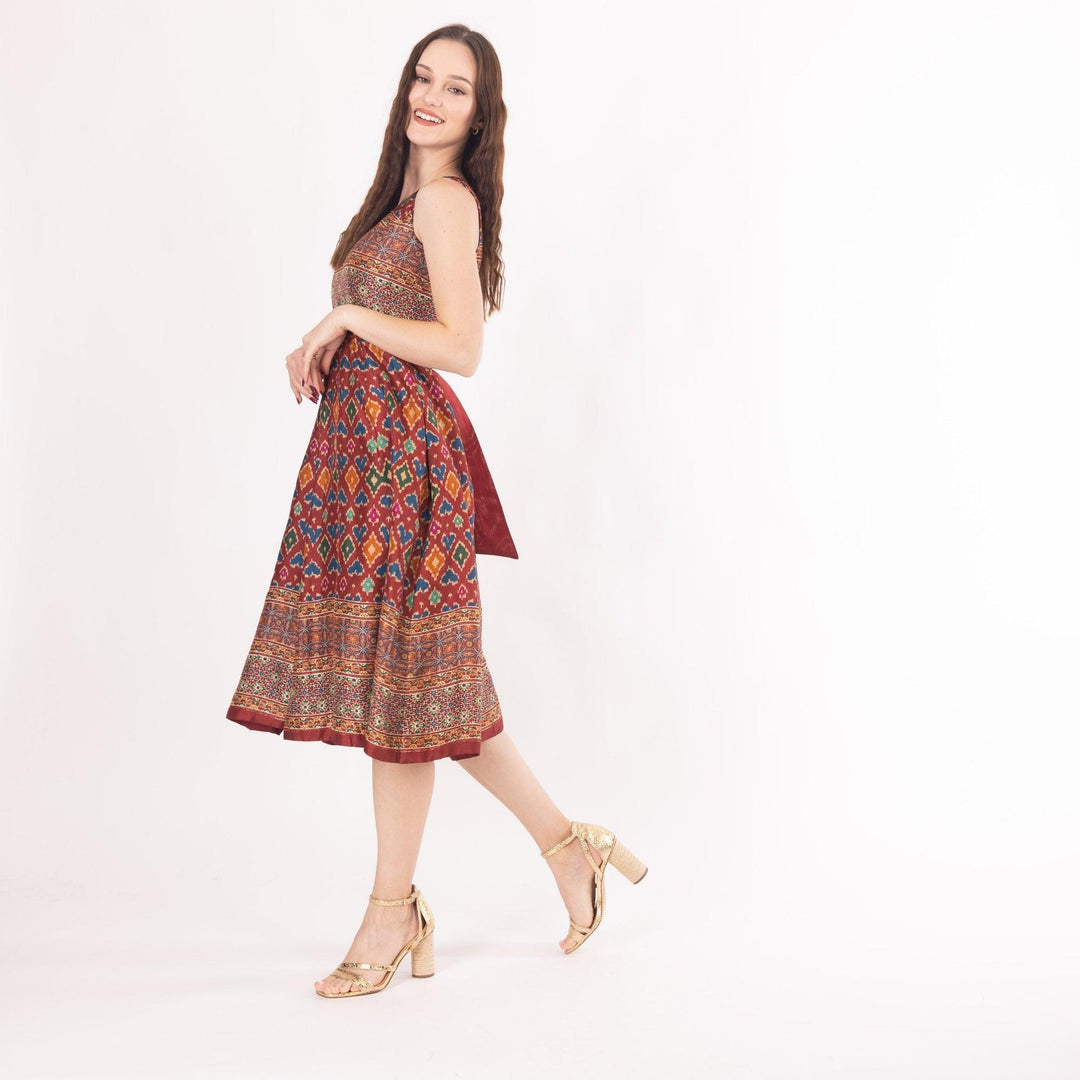 Sorrel Maroon Midi Dress with Embroidered Belt - Raas