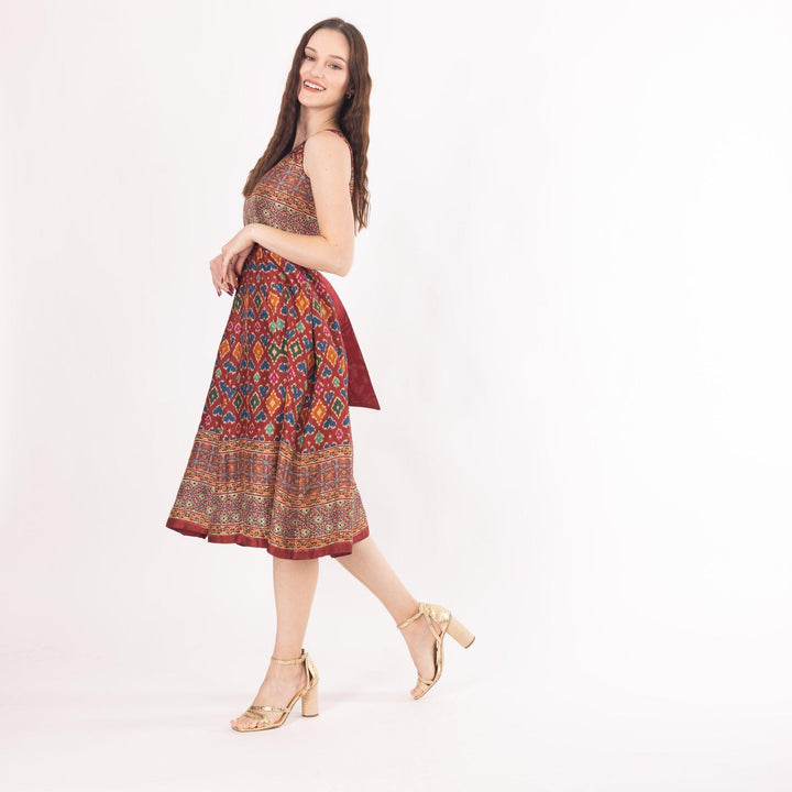 Sorrel Maroon Midi Dress with Embroidered Belt - Raas