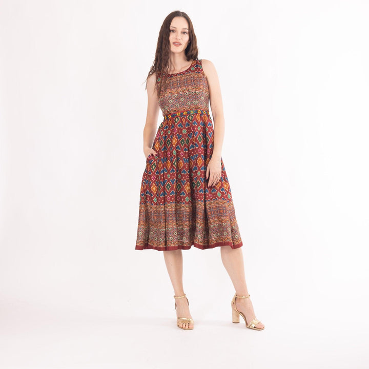 Sorrel Maroon Midi Dress with Embroidered Belt - Raas