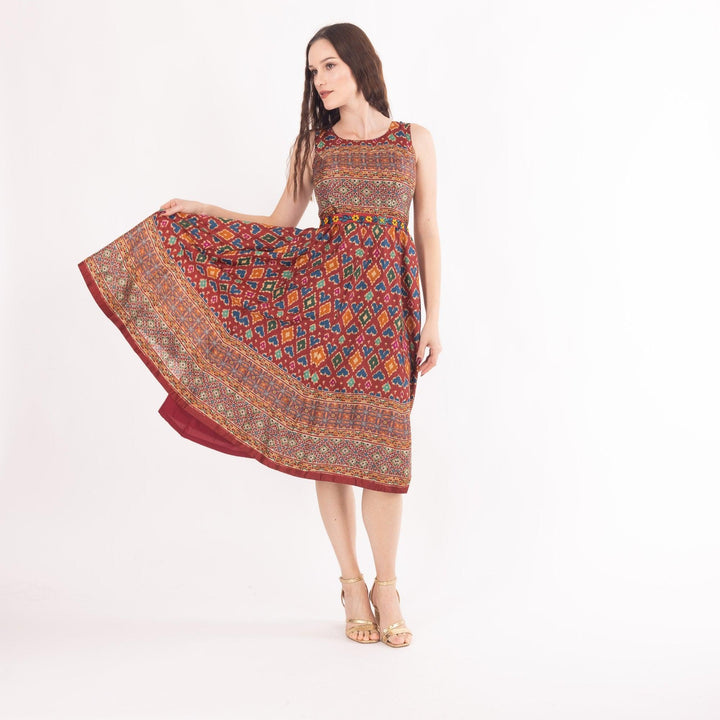 Sorrel Maroon Midi Dress with Embroidered Belt - Raas