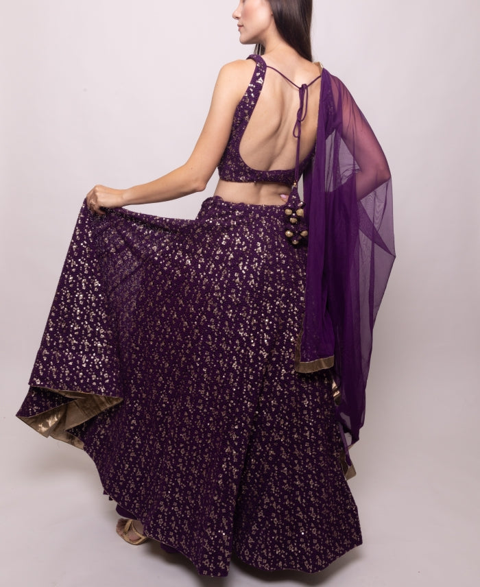 Wine Sequins Lehenga Choli Set
