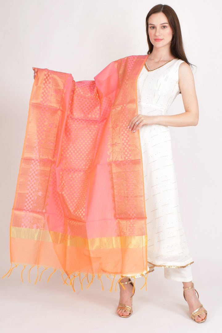 Tara Pink Dupatta with Orange Border - Raas