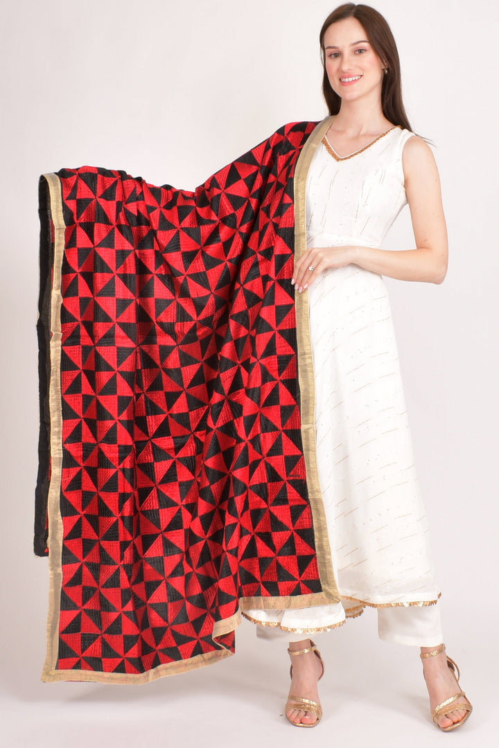 Tara Red & Black Emrboidered Dupatta - Raas