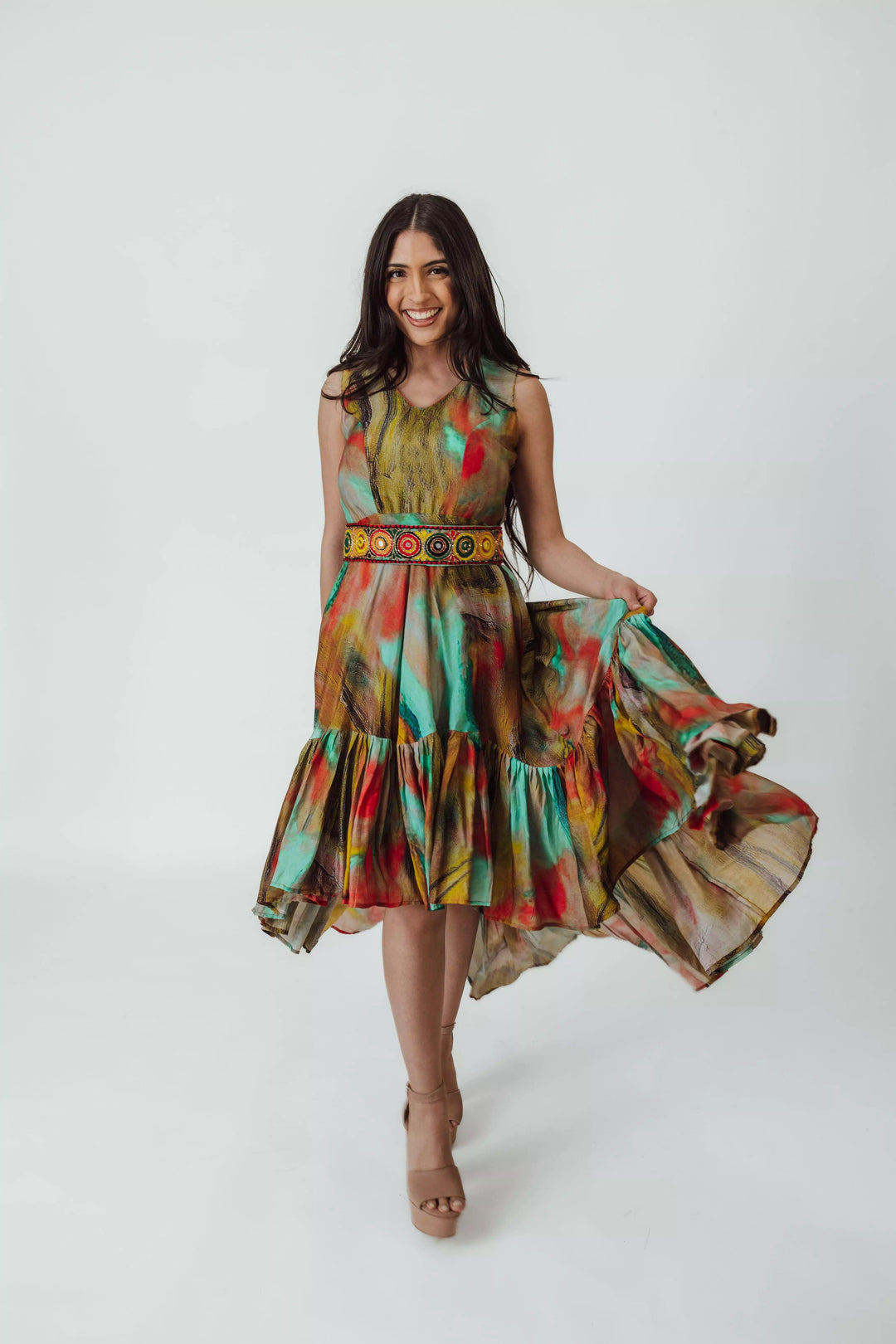 Tezza Multicolor High Low Dress with Belt - Raas
