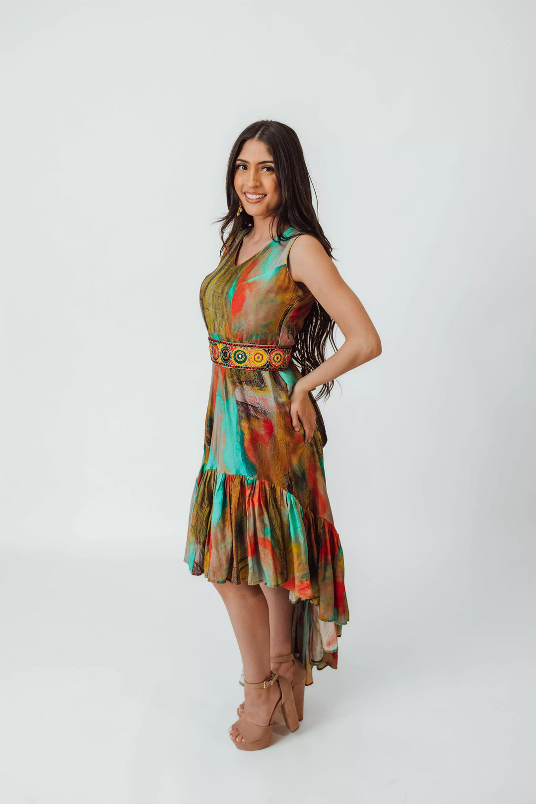 Tezza Multicolor High Low Dress with Belt - Raas