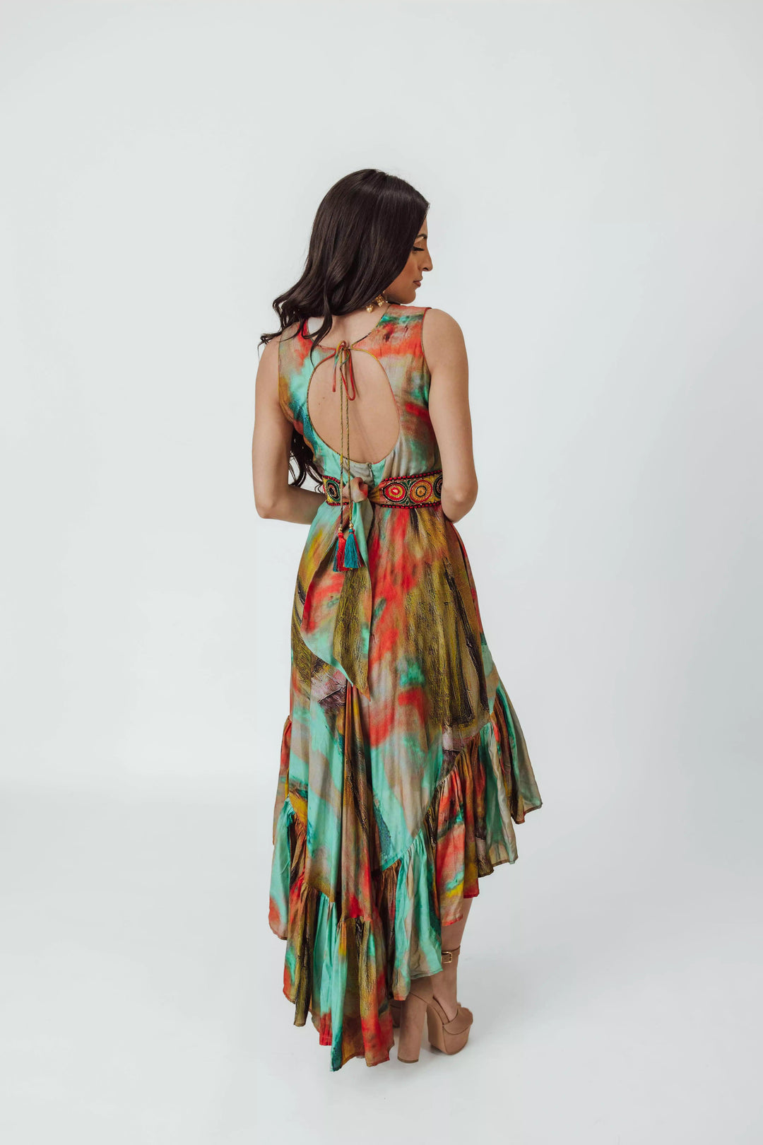 Tezza Multicolor High Low Dress with Belt - Raas