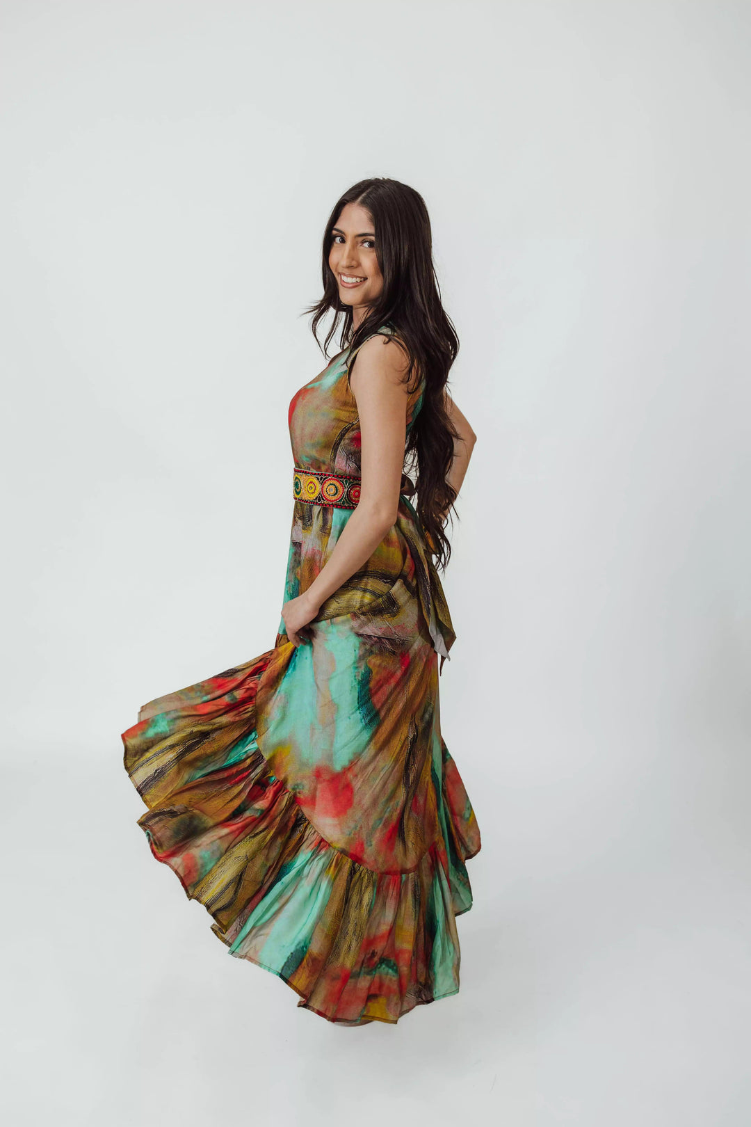 Tezza Multicolor High Low Dress with Belt - Raas