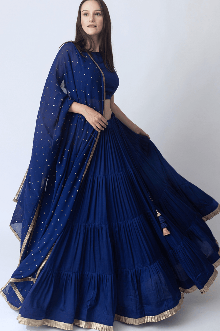Tori Timeless Royal Blue Lehenga Choli with Gold Trim - Raas